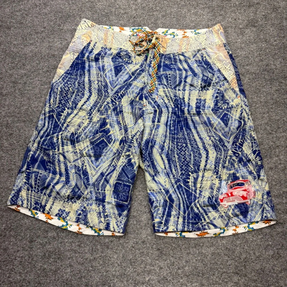 Robert Graham Mens Blue Yellow Geometric Vintage Car Swim Trunks Board Shorts 32